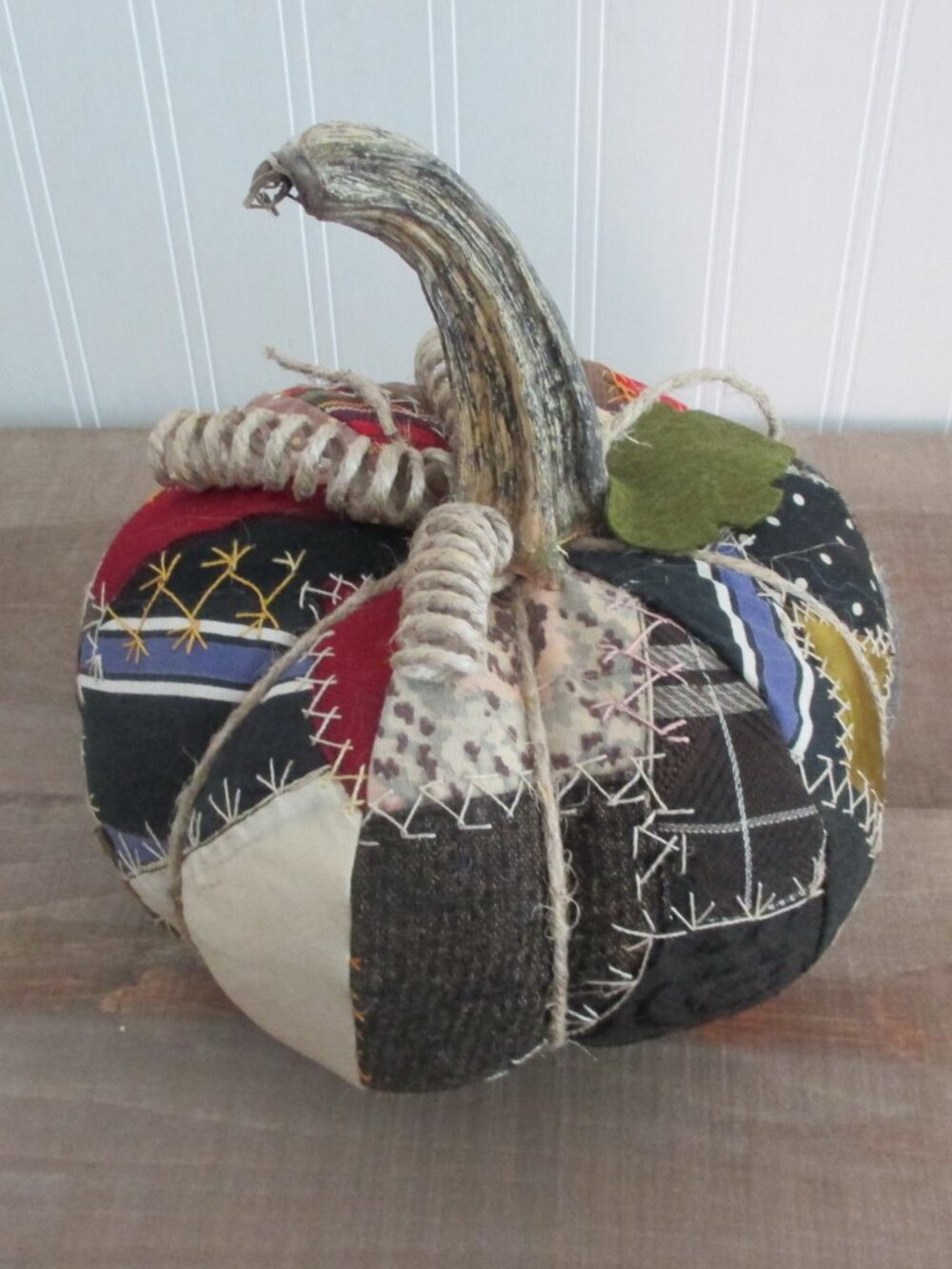 Crazy Quilt Pumpkin w/ Real Stem Large Size Fall Thanksgiving Decor